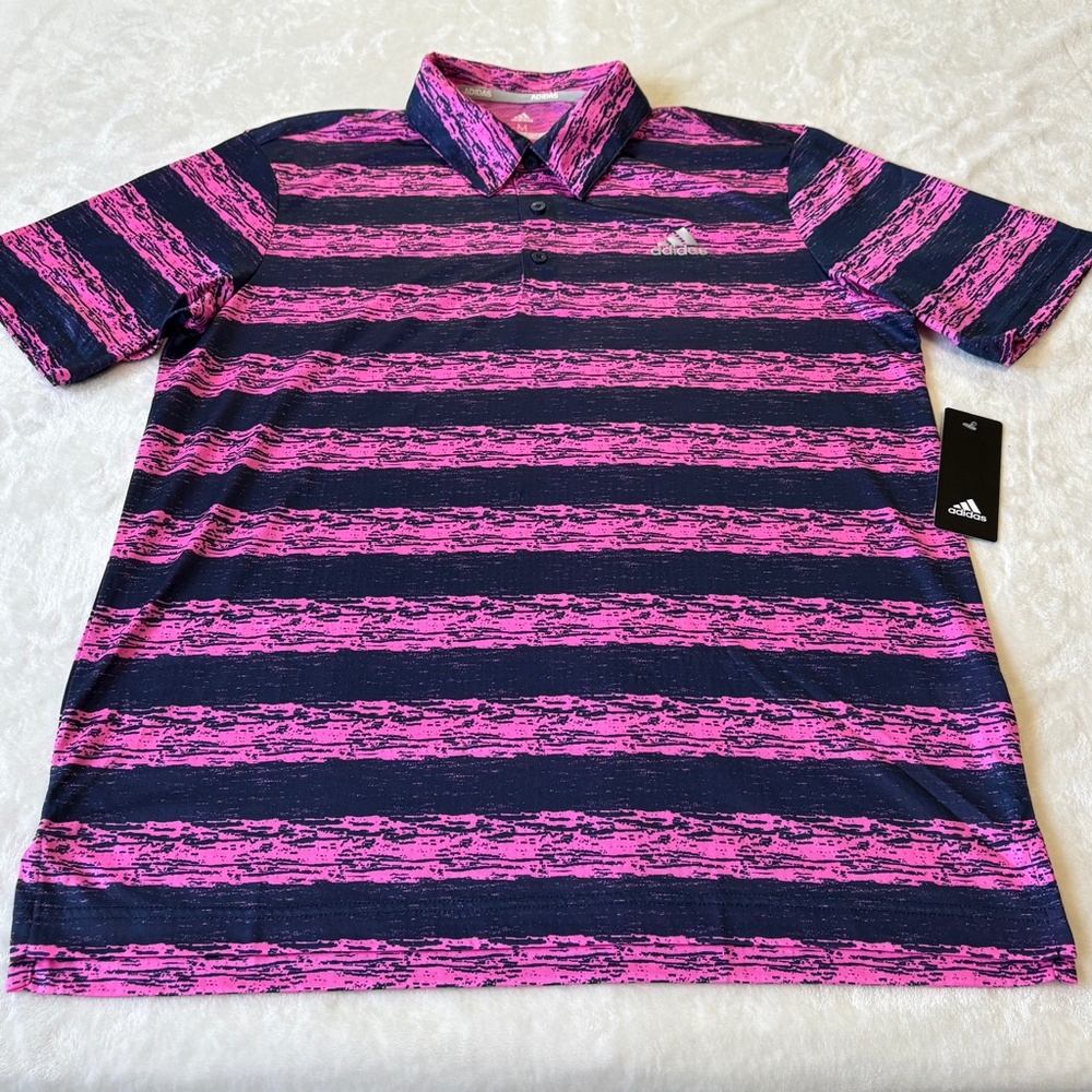 Adidas Golf Polo Shirt Mens Size Medium Pink & Blue Striped Performance